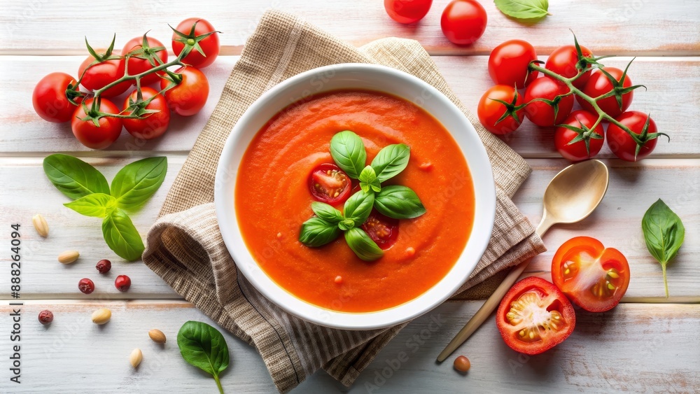 Tomato Basil Soup in a White Bowl on a Wooden Table, tomato soup , basil soup , red soup , soup recipe Tomato Basil Soup in a White Bowl on a Wooden Table, tomato soup , basil soup , red soup , soup recipe