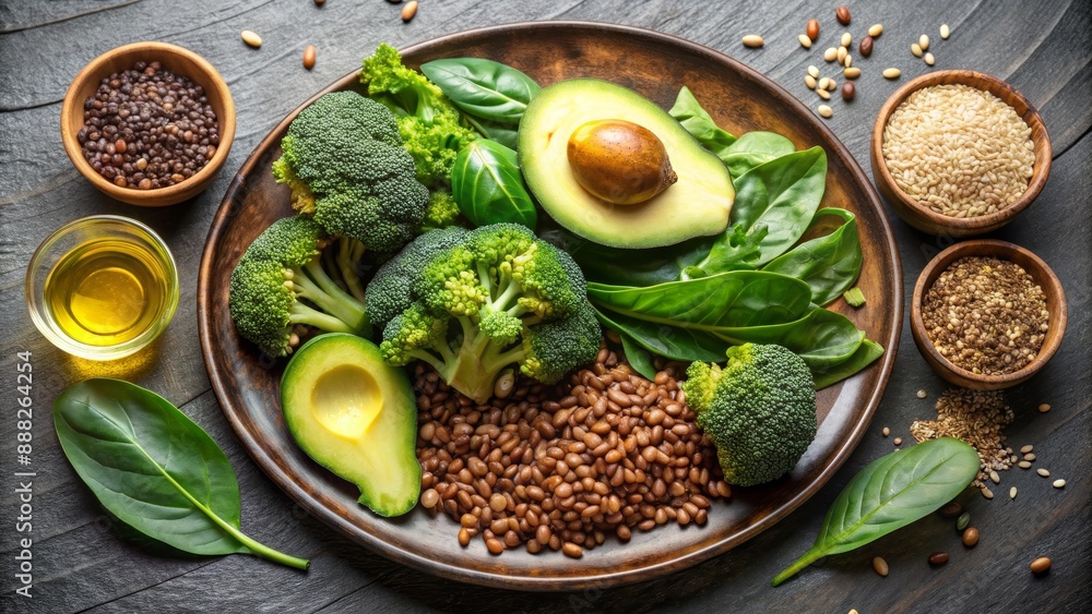 Top View of a Green Plate of Healthy Foods, Broccoli, Avocado, Lentil, Spinach, Sesame Seeds, Pine Nuts Top View of a Green Plate of Healthy Foods, Broccoli, Avocado, Lentil, Spinach, Sesame Seeds, Pine Nuts
