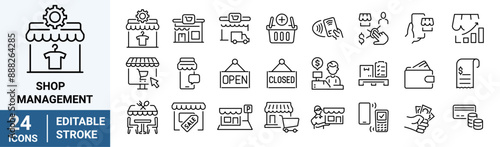 Shop Management Related Vector Line Icons. Contains such Icons as Increase Sales, Running Buyer. Editable Stroke