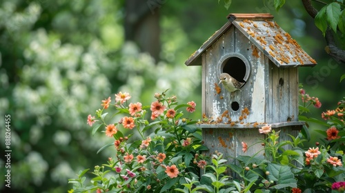 Rustic Birdhouse Amidst Blooming Flowers in Serene Garden