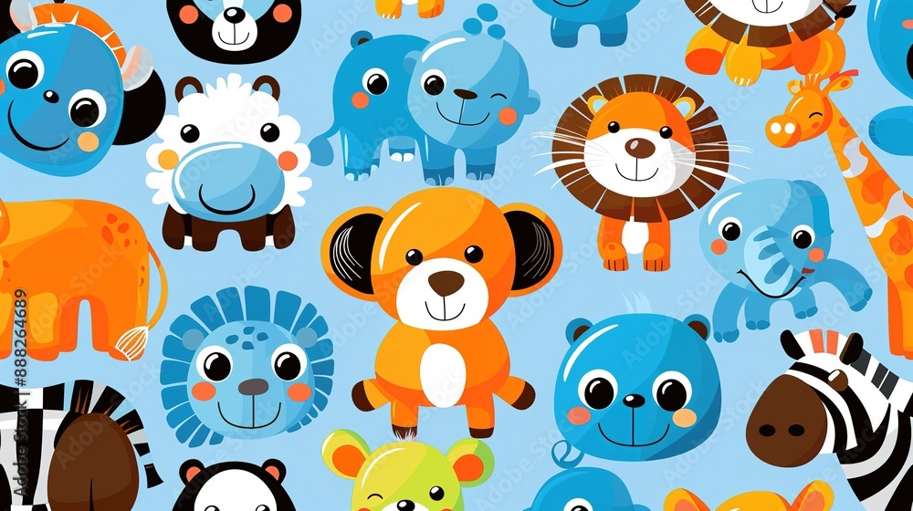 Colorful Cartoon Animal Pattern on Blue Background Colorful Cartoon Animal Pattern on Blue Background