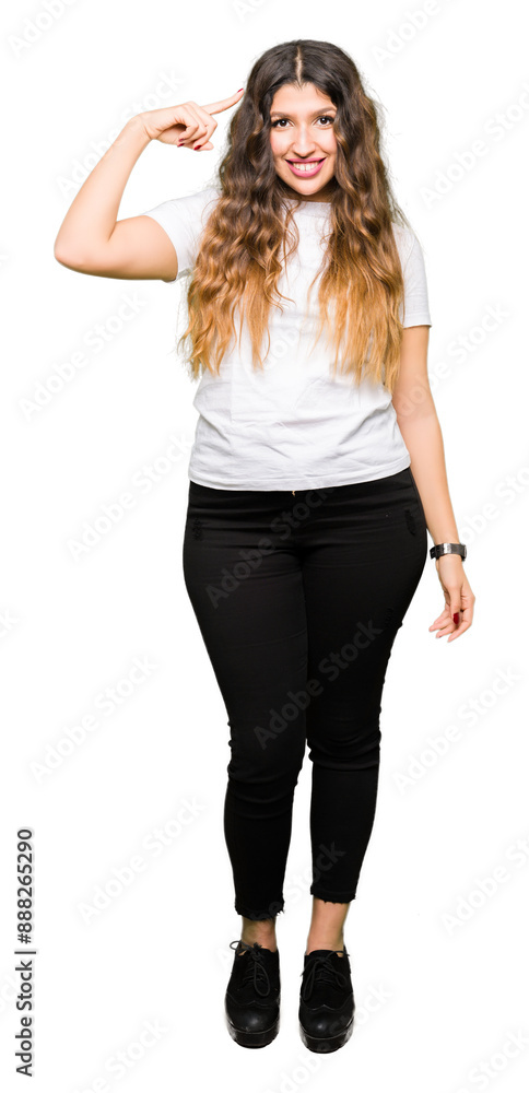 Young beautiful woman wearing casual white t-shirt Smiling pointing to head with one finger, great idea or thought, good memory Young beautiful woman wearing casual white t-shirt Smiling pointing to head with one finger, great idea or thought, good memory