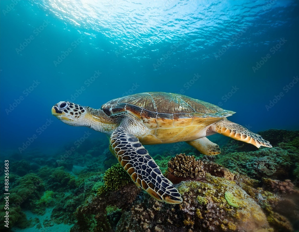 Obraz premium Realistische Unterwasseraufnahme einer Schildkröte mit Sonnenlicht und Meeresbewohnern 