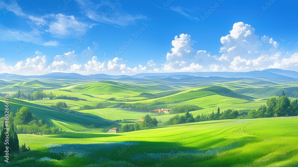Scenic landscape of rolling green hills under a vibrant blue sky with fluffy white clouds, showcasing nature's beauty and tranquility. Scenic landscape of rolling green hills under a vibrant blue sky with fluffy white clouds, showcasing nature's beauty and tranquility.