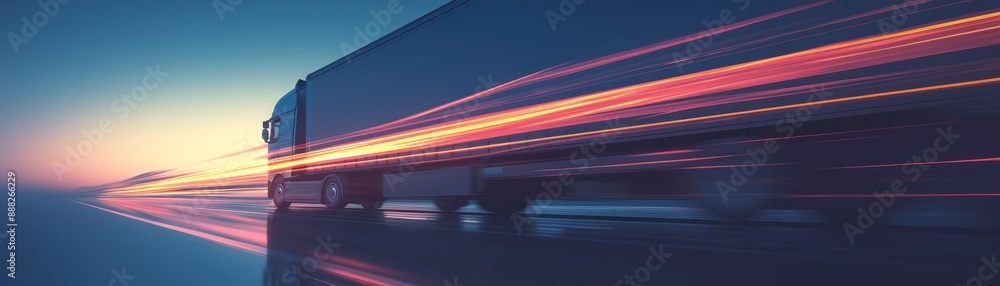 Silhouette of a speeding truck on a highway at dusk, with motion blur effect, capturing the essence of fast transport and logistics.