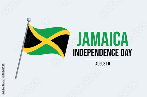 Jamaica Independence Day poster vector illustration. Jamaican flag on a pole icon on a gray background. Jamaica waving flag symbol. Template for background, banner, card. August 6 each year