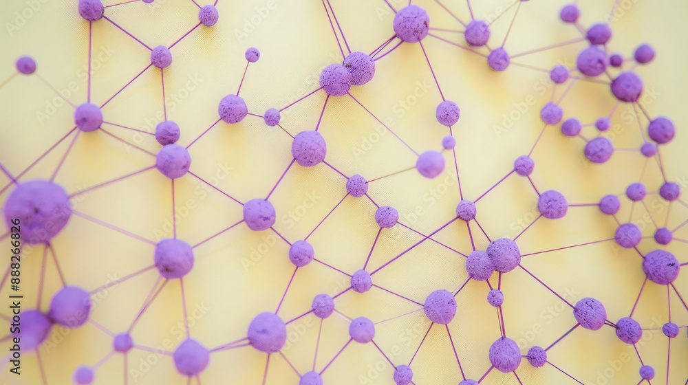 Warm purple dots linked by lavender threads on a pale yellow canvas, central text focus Warm purple dots linked by lavender threads on a pale yellow canvas, central text focus