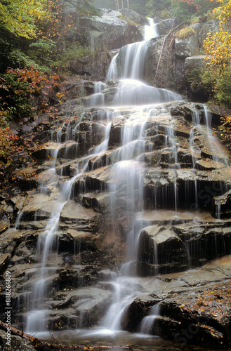 Cloudland Falls in Franconia Notch State Park. This is the tallest and most impressive waterfall along Falling Waters hiking trail in the White Mountains of New Hampshire.