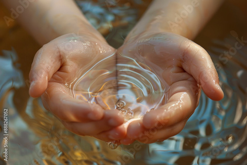 Child's delicate hands holding bathwater, tiny fingers sparkling in close-up shot. photo