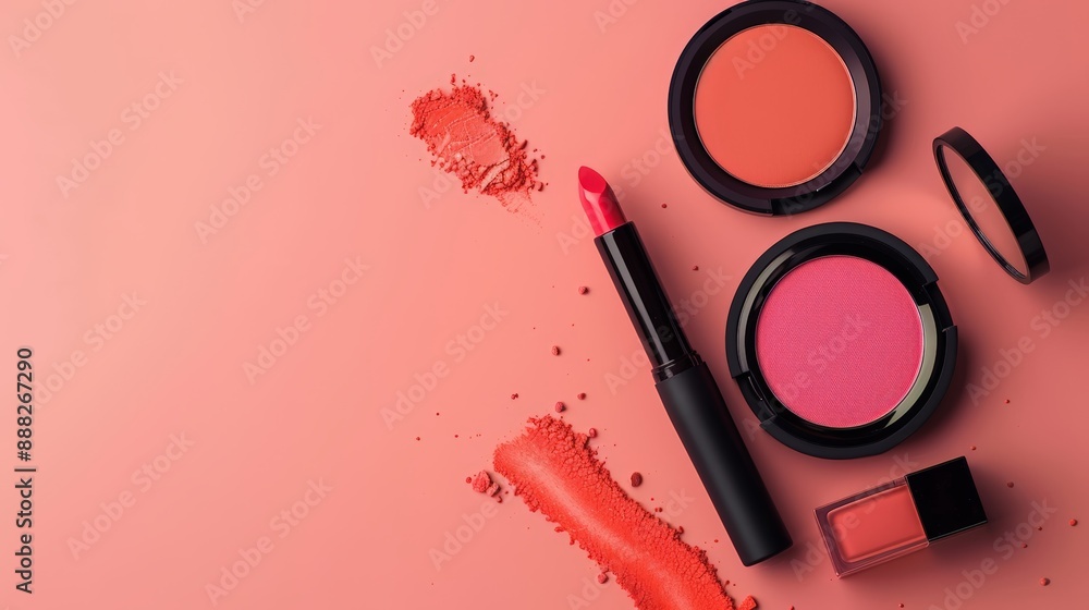 Stylish Women's Cosmetics Displayed on Monochrome Peach Fuzz Background, 2024 Trendy Color Palette, with Ample Copy Space Stylish Women's Cosmetics Displayed on Monochrome Peach Fuzz Background, 2024 Trendy Color Palette, with Ample Copy Space