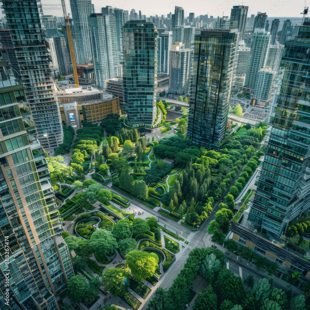 Fototapeta premium Aerial Panorama of Eco-Friendly Infrastructure: Winding Road Through a Lush Green Forest, Celebrating Sustainable Development