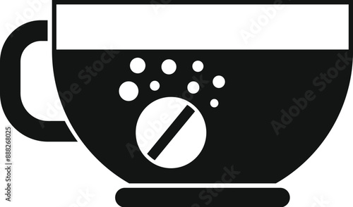 Black and white icon of a dissolving pill in a glass of water