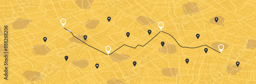 Concept of your location on map. Navigation to poi. Simple scheme of isometric city. Location tracks dashboard. Generic city map with signs of streets, roads, house. Vector illustration, background
