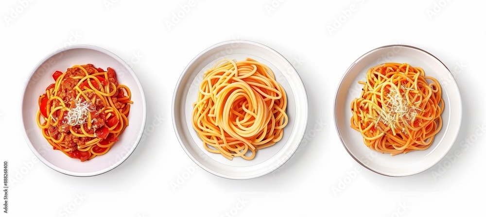 Top view of three plates with pasta on a white background, in a top-down photography style Top view of three plates with pasta on a white background, in a top-down photography style