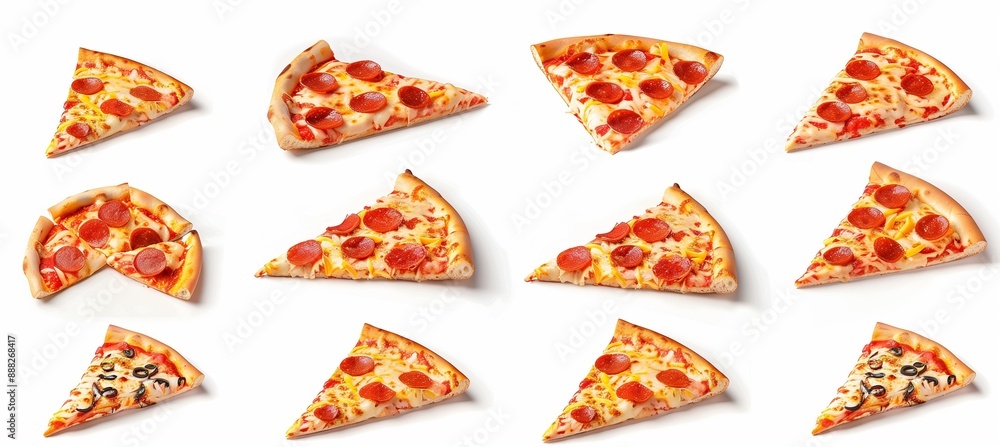 Set of pizza slices on a white background, photographed in a photorealistic and ultra detailed style with a high resolution. Set of pizza slices on a white background, photographed in a photorealistic and ultra detailed style with a high resolution.