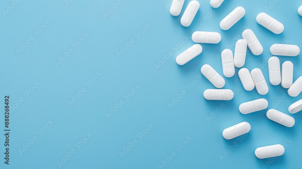 Healthcare concept with white capsules on blue table and copy space for pain relievers or prescription drug consumption Healthcare concept with white capsules on blue table and copy space for pain relievers or prescription drug consumption
