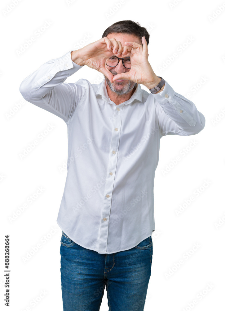 Handsome middle age elegant senior business man wearing glasses over isolated background Doing heart shape with hand and fingers smiling looking through sign Handsome middle age elegant senior business man wearing glasses over isolated background Doing heart shape with hand and fingers smiling looking through sign