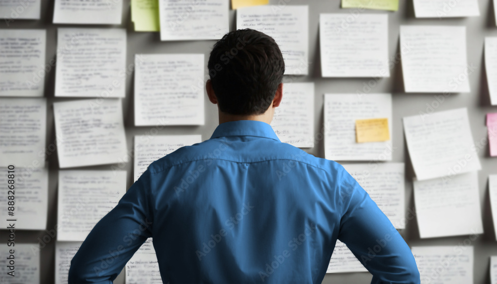 Back View of a Man Studying and Analyzing a Wall of Handwritten Notes and Ideas Back View of a Man Studying and Analyzing a Wall of Handwritten Notes and Ideas