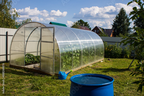 Transparent semicircular polycarbonate greenhouse close-up in the garden on a summer day