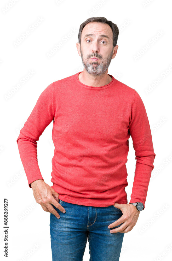 Handsome middle age hoary senior man wearing winter sweater over isolated background puffing cheeks with funny face. Mouth inflated with air, crazy expression. Handsome middle age hoary senior man wearing winter sweater over isolated background puffing cheeks with funny face. Mouth inflated with air, crazy expression.