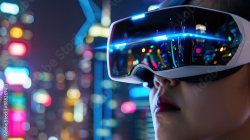 Close-up of a person wearing virtual reality glasses, with a futuristic cityscape in the background