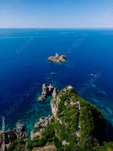 Greece. Corfu island best beaches. Stunning Paleokastritsa bay with turquoise sea. Aerial drone view