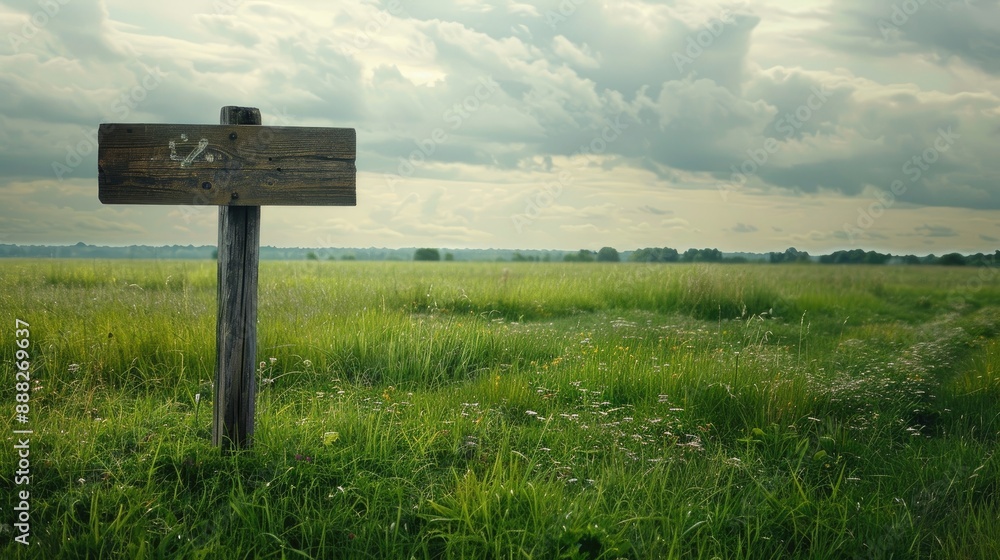 Wooden pole with sign on green field picture with empty space