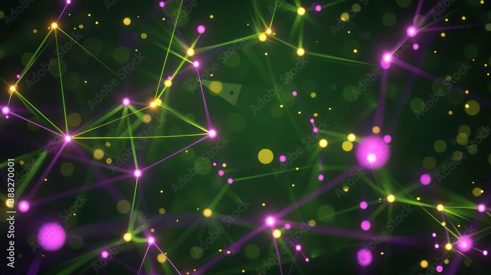 Neon purple dots connected by glowing yellow lines against a dark green backdrop, with designated text space in the upper center Neon purple dots connected by glowing yellow lines against a dark green backdrop, with designated text space in the upper center
