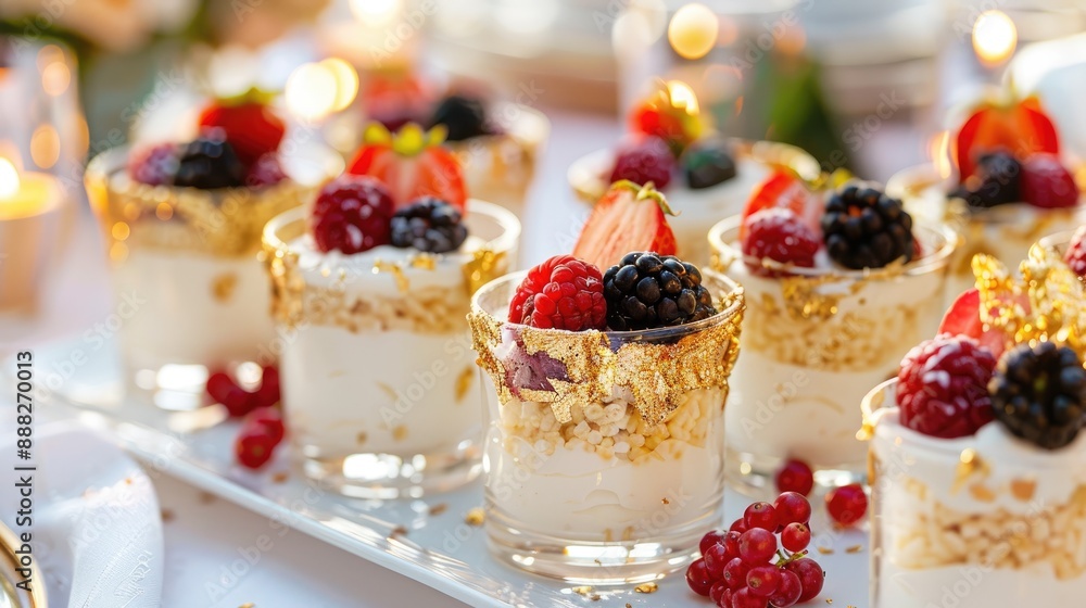 festive dessert table arrangement with rice pudding cups adorned with edible gold leaf and berries festive dessert table arrangement with rice pudding cups adorned with edible gold leaf and berries