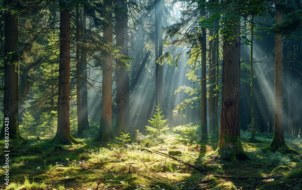 Fototapeta premium dense forest with tall trees, sunlight filtering through the leaves creating dappled light and shadow on the ground