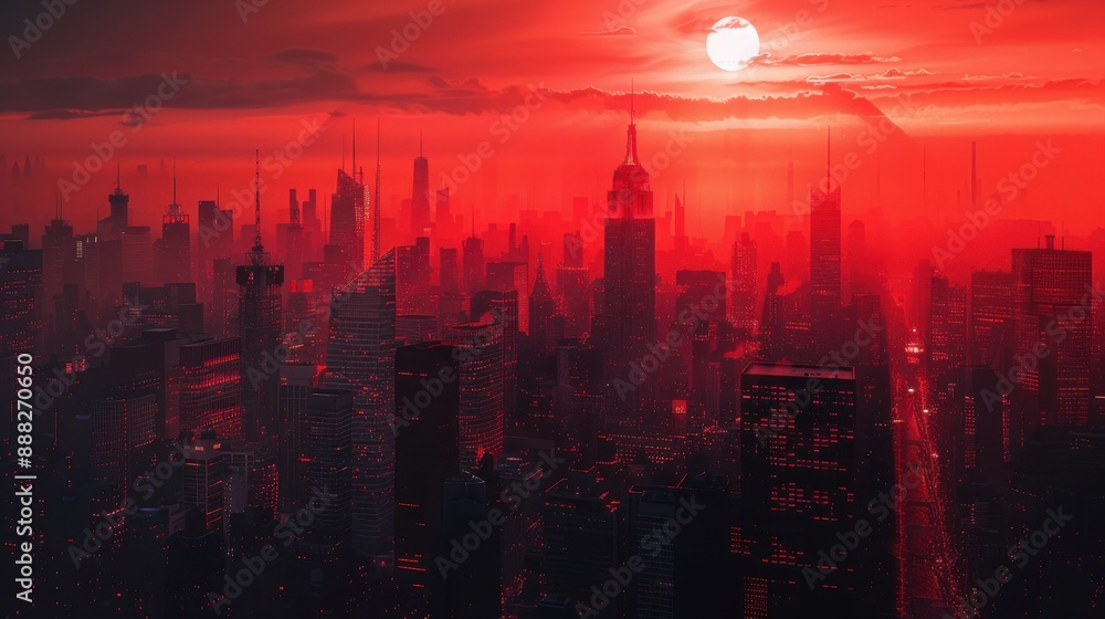 Fototapeta premium sky scrappers in red sky, sunset ai generated 