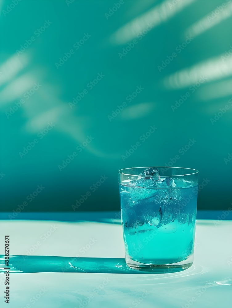 Turquoise Summer Drink on a blue Background with Sunlight and Shadows Turquoise Summer Drink on a blue Background with Sunlight and Shadows