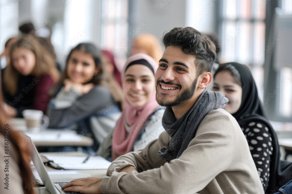 During class, a smiling female student is discussing with friends During class, a smiling female student is discussing with friends