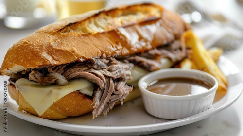 French dip sandwich with thinly sliced roast beef, melted Swiss cheese, and au jus dipping sauce on a hoagie roll