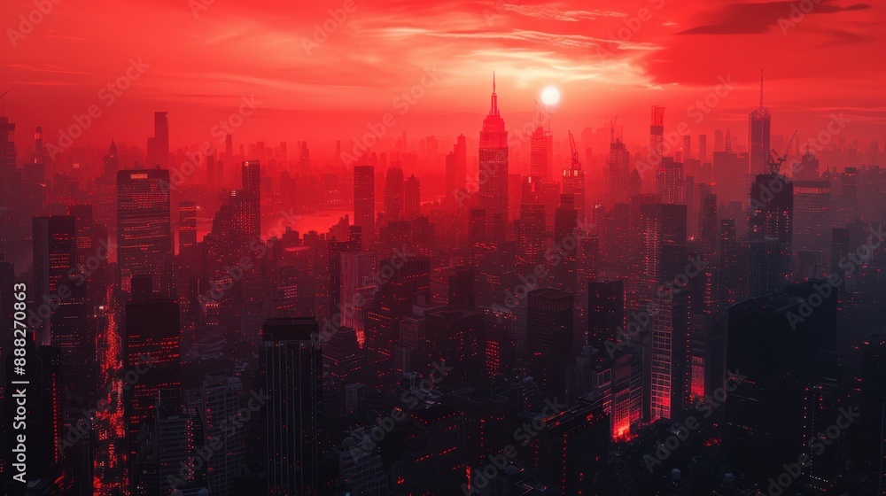 Fototapeta premium sky scrappers in red sky, sunset ai generated 
