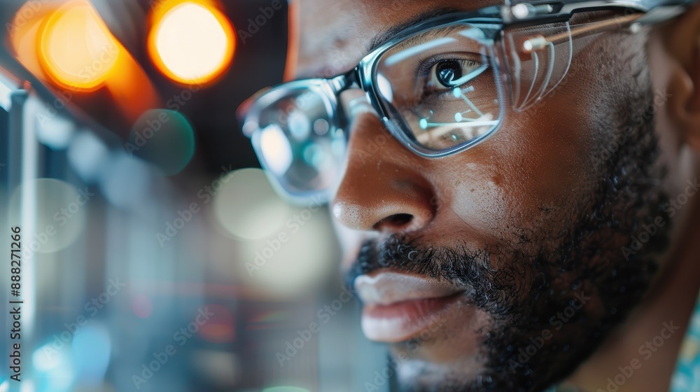 A focused image of an individual in a laboratory coat working with precision, wearing eyeglasses, set against a background of blurred lights and professional equipment. A focused image of an individual in a laboratory coat working with precision, wearing eyeglasses, set against a background of blurred lights and professional equipment.