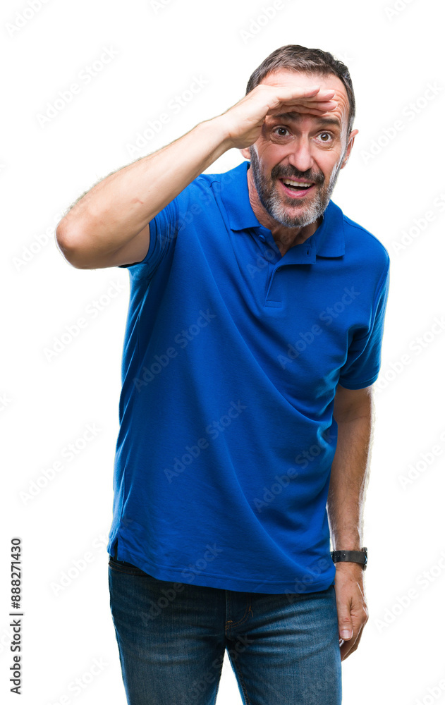 Middle age hoary senior man over isolated background very happy and smiling looking far away with hand over head. Searching concept. Middle age hoary senior man over isolated background very happy and smiling looking far away with hand over head. Searching concept.