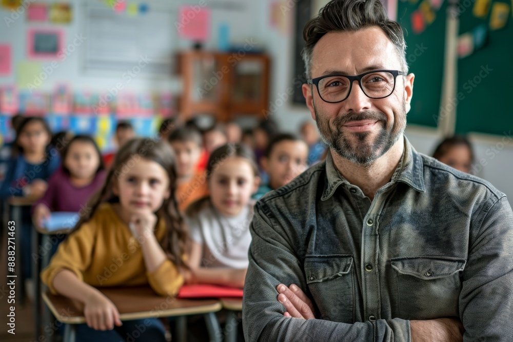Photograph of a male teacher looking at the camera while learning students are in the background at an elementary school Photograph of a male teacher looking at the camera while learning students are in the background at an elementary school
