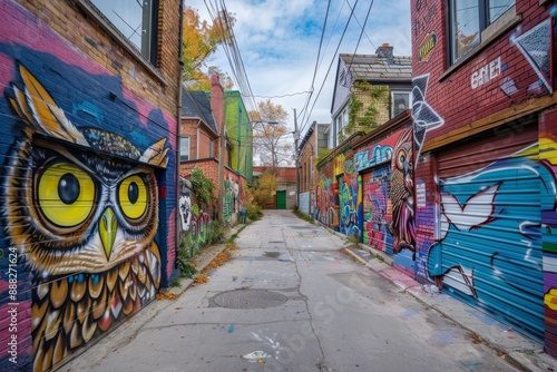 There is graffiti in an alleyway in Toronto, Ontario's West Queen West.