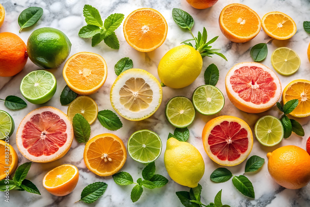 Juicy Citrus Assortment on White Marble with Fresh Mint Leaves. Juicy Citrus Assortment on White Marble with Fresh Mint Leaves.