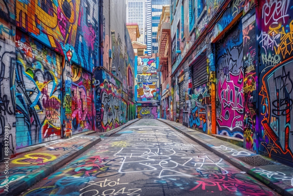 Fototapeta premium This graffiti alley is filled with colorful murals and street art.