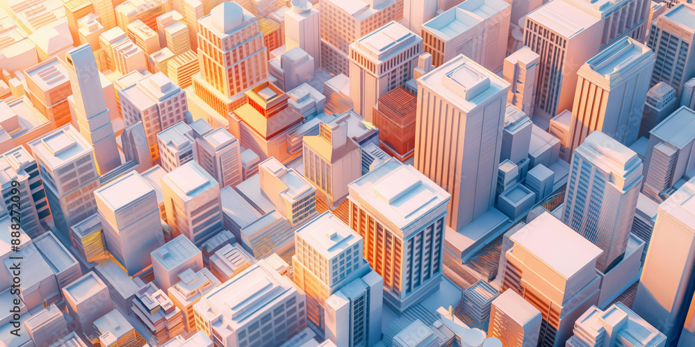 Obraz premium Aerial view of futuristic city at sunset, urban landscape, modern buildings, high-rise architecture, cityscape, digital illustration, city planning concept