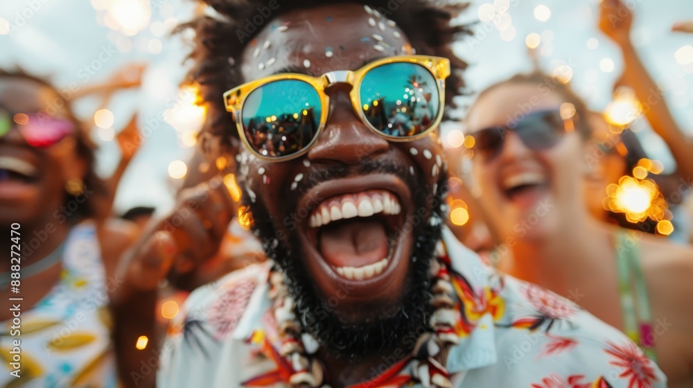 An image showcasing a lively celebration with people enjoying, highlighted by vibrant lights and festive atmosphere, featuring joyous expressions, colorful attire, and sunglasses.