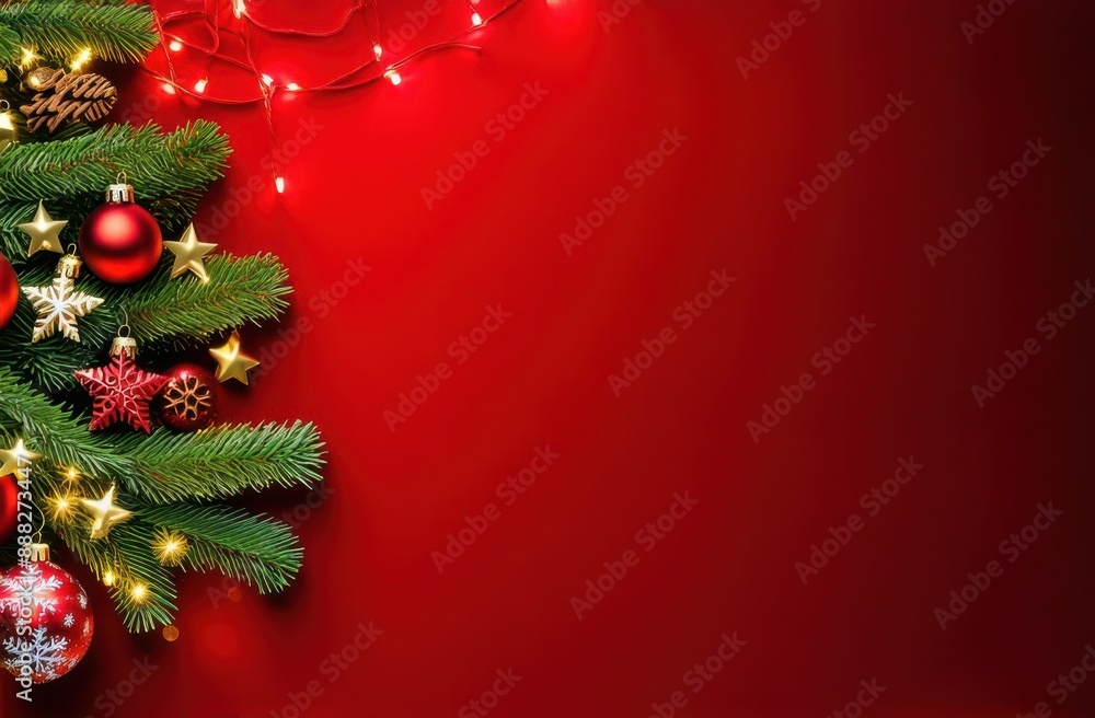 Red elegant background for Christmas or New Year postcard, Festive Christmas atmosphere. Banner, Poster, Wallpaper, Copy space. Christmas tree, balls, and snowflakes on red background. Red elegant background for Christmas or New Year postcard, Festive Christmas atmosphere. Banner, Poster, Wallpaper, Copy space. Christmas tree, balls, and snowflakes on red background.