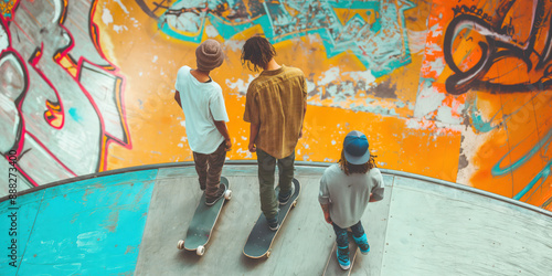 Three skateboarders standing on ramp in graffiti-covered skatepark, skaters preparing for ride on half-pipe, skateboarding culture concept