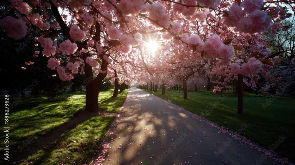 Naklejka premium Sunlight filters through the pink cherry blossoms creating a dappled light effect on a serene pathway, perfect for a tranquil stroll in the heart of nature.