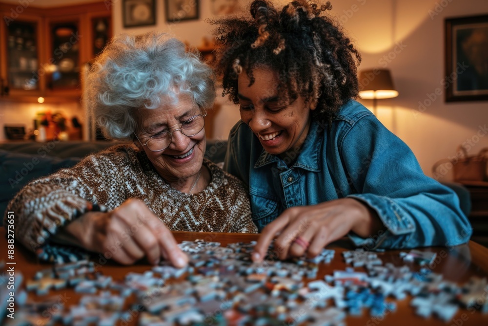 Two women engaging in puzzle solving, suitable for family bonding or cognitive challenge images Two women engaging in puzzle solving, suitable for family bonding or cognitive challenge images