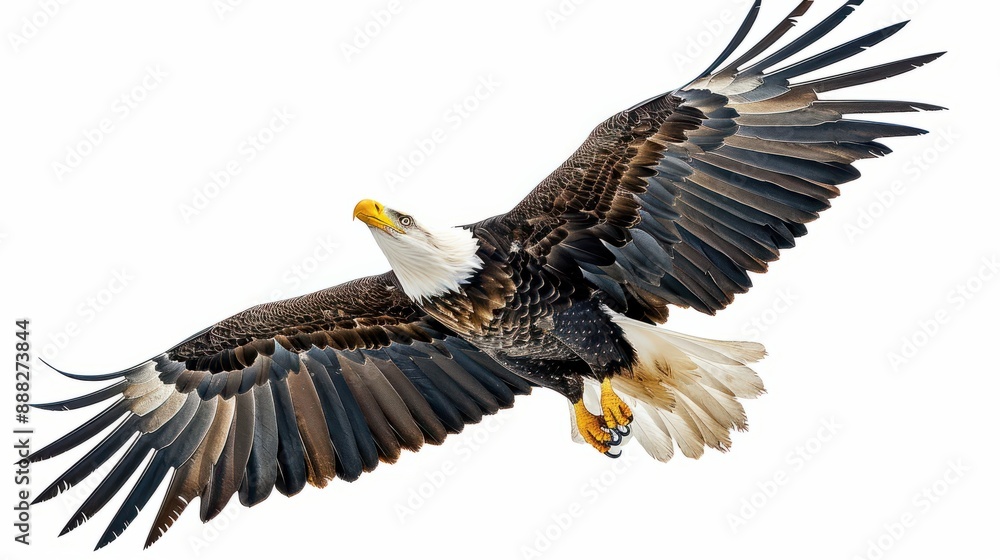 a high quality stock photograph of a single flying happy eagle isolated on a white background a high quality stock photograph of a single flying happy eagle isolated on a white background