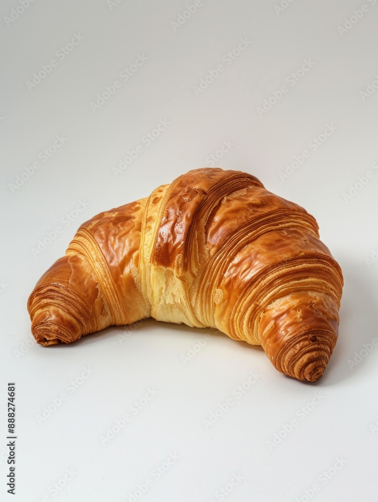A detailed view of a flaky croissant against a pure white backdrop A detailed view of a flaky croissant against a pure white backdrop