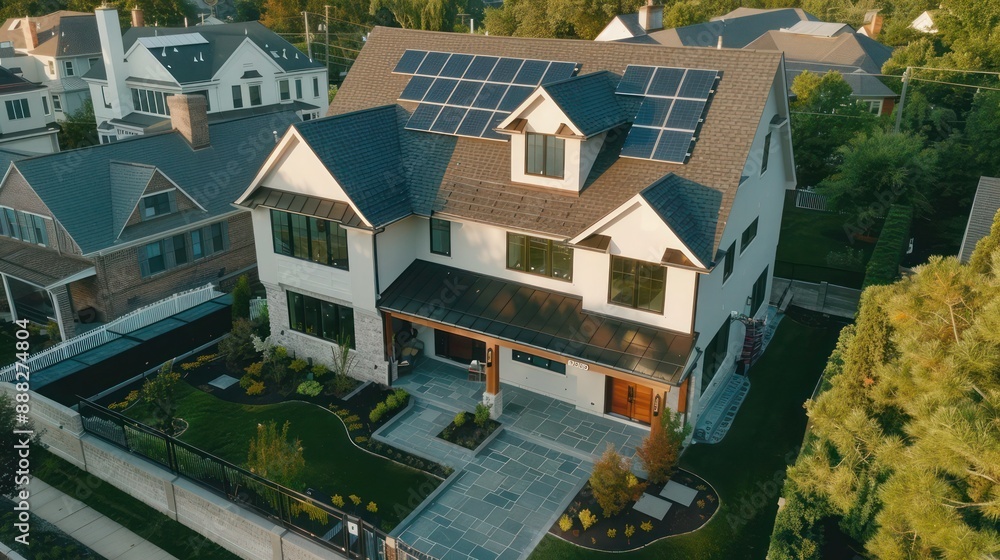 aerial shot of a Suburban Contemporary home with a distinctive roofline and integrated solar panels aerial shot of a Suburban Contemporary home with a distinctive roofline and integrated solar panels